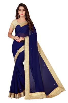 Navy blue plain faux chiffon saree with blouse 1