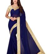 Navy blue plain faux chiffon saree with blouse