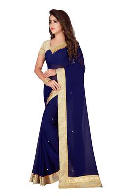 Navy blue plain faux chiffon saree with blouse 2