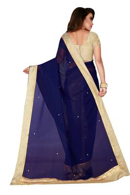 Navy blue plain faux chiffon saree with blouse 3