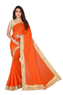 Orange plain faux chiffon saree with blouse 1