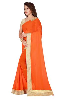 Orange plain faux chiffon saree with blouse 2