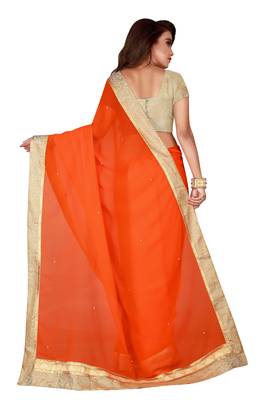 Orange plain faux chiffon saree with blouse 3