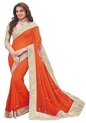 Orange plain faux chiffon saree with blouse 4