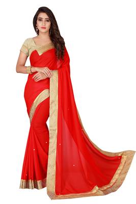 Red plain faux chiffon saree with blouse 1
