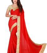 Red plain faux chiffon saree with blouse