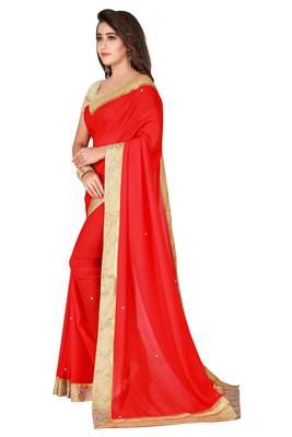 Red plain faux chiffon saree with blouse 2