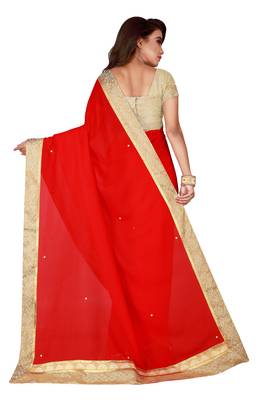 Red plain faux chiffon saree with blouse 3