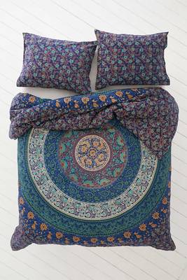 Round mandala blue cotton duvet cover with 2 pillow cover size queen 2