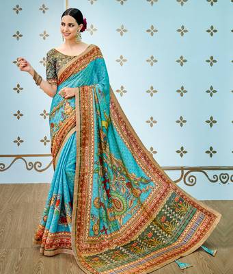 Blue Printed Art Silk Saree With Blouse 1