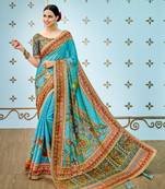 Blue Printed Art Silk Saree With Blouse
