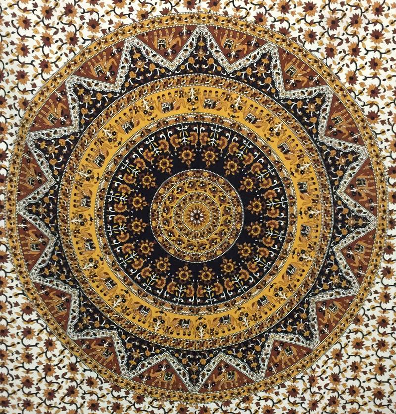 Elephant mandala Flower Cotton Twin Tapestry Yellow INDIAN