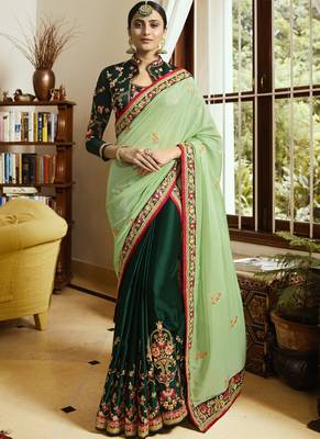 Lime embroidered art silk saree with blouse 1