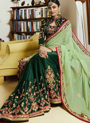 Lime embroidered art silk saree with blouse 4