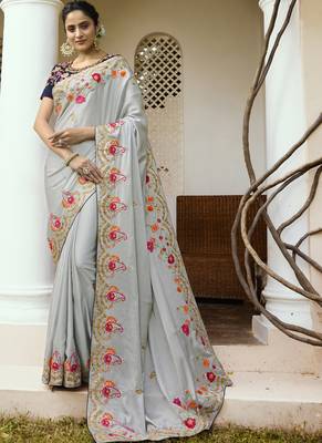 Grey Embroidered Art Silk Saree With Blouse 1