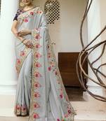 Grey Embroidered Art Silk Saree With Blouse