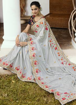 Grey Embroidered Art Silk Saree With Blouse 2