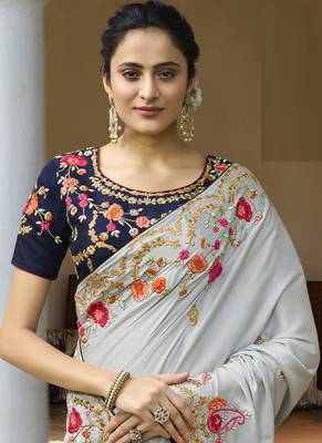 Grey Embroidered Art Silk Saree With Blouse 3