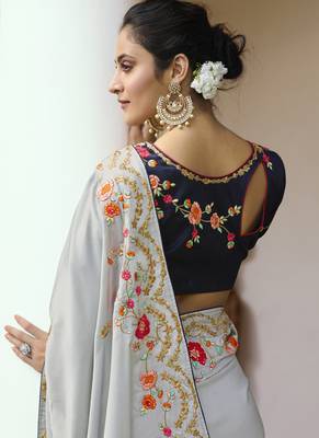 Grey Embroidered Art Silk Saree With Blouse 4