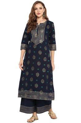 Janasya Cotton Gota Lace Straight Kurta With Palazzo 1