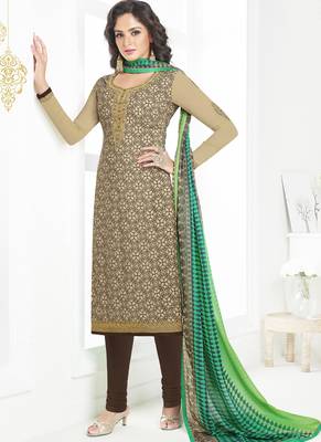 Beige embroidered crepe semi stitched salwar with dupatta 1