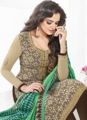 Beige embroidered crepe semi stitched salwar with dupatta 2