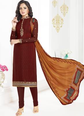 Maroon embroidered crepe semi stitched salwar with dupatta 1