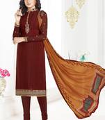 Maroon embroidered crepe semi stitched salwar with dupatta