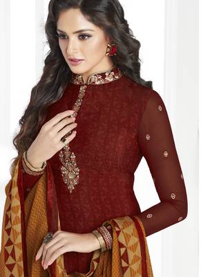 Maroon embroidered crepe semi stitched salwar with dupatta 2
