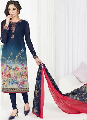 Navy blue embroidered crepe semi stitched salwar with dupatta 1