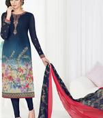 Navy blue embroidered crepe semi stitched salwar with dupatta