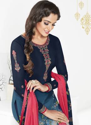 Navy blue embroidered crepe semi stitched salwar with dupatta 2