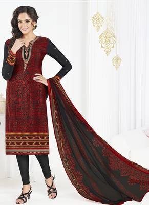 Black embroidered crepe semi stitched salwar with dupatta 1