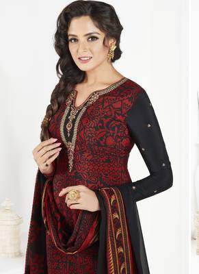 Black embroidered crepe semi stitched salwar with dupatta 2