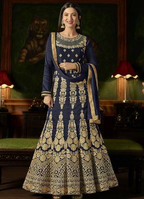 Navy blue embroidered silk semi stitched salwar with dupatta 1