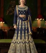 Navy blue embroidered silk semi stitched salwar with dupatta