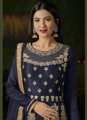 Navy blue embroidered silk semi stitched salwar with dupatta 2