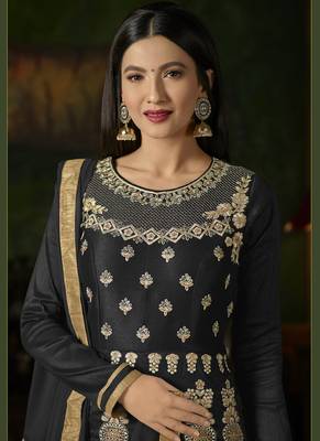 Black Embroidered Silk Semi Stitched Salwar With Dupatta 2