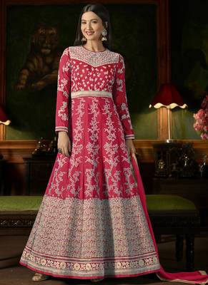 Rani Pink Embroidered Silk Semi Stitched Salwar With Dupatta 1