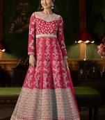 Rani Pink Embroidered Silk Semi Stitched Salwar With Dupatta
