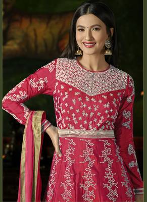 Rani Pink Embroidered Silk Semi Stitched Salwar With Dupatta 2