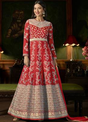 Red Embroidered Silk Semi Stitched Salwar With Dupatta 1