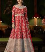 Red Embroidered Silk Semi Stitched Salwar With Dupatta