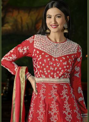 Red Embroidered Silk Semi Stitched Salwar With Dupatta 2