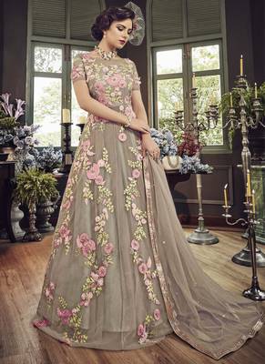 Beige Embroidered Net Semi Stitched Salwar With Dupatta 1