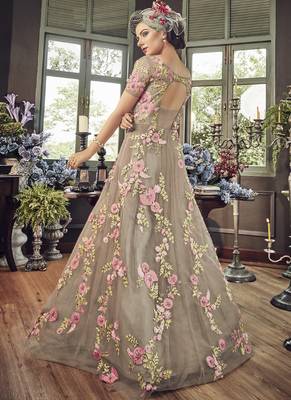 Beige Embroidered Net Semi Stitched Salwar With Dupatta 2