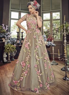Beige Embroidered Net Semi Stitched Salwar With Dupatta 3