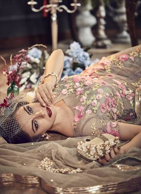 Beige Embroidered Net Semi Stitched Salwar With Dupatta 4
