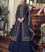 Royal blue embroidered velvet semi stitched salwar with dupatta