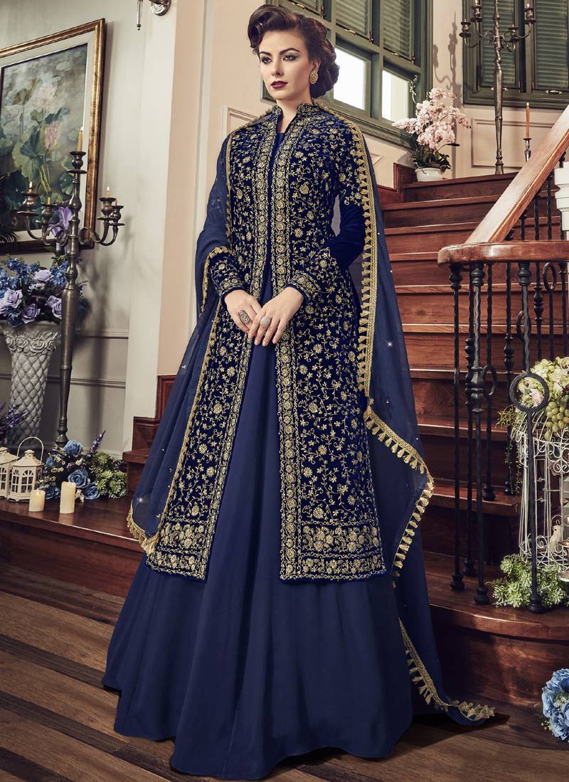 Royal blue embroidered velvet semi stitched salwar with dupatta